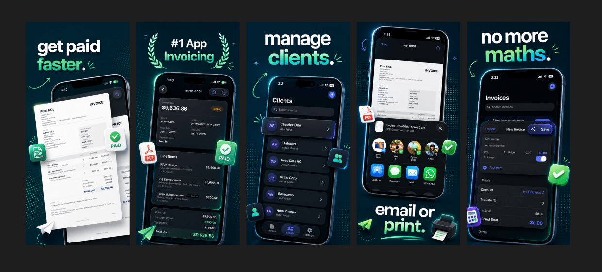 InvoiceBill iPhone invoicing app screens
