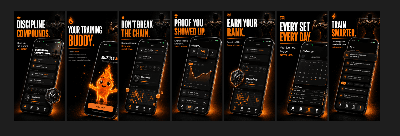 Muscle Man iOS workout tracking app screens